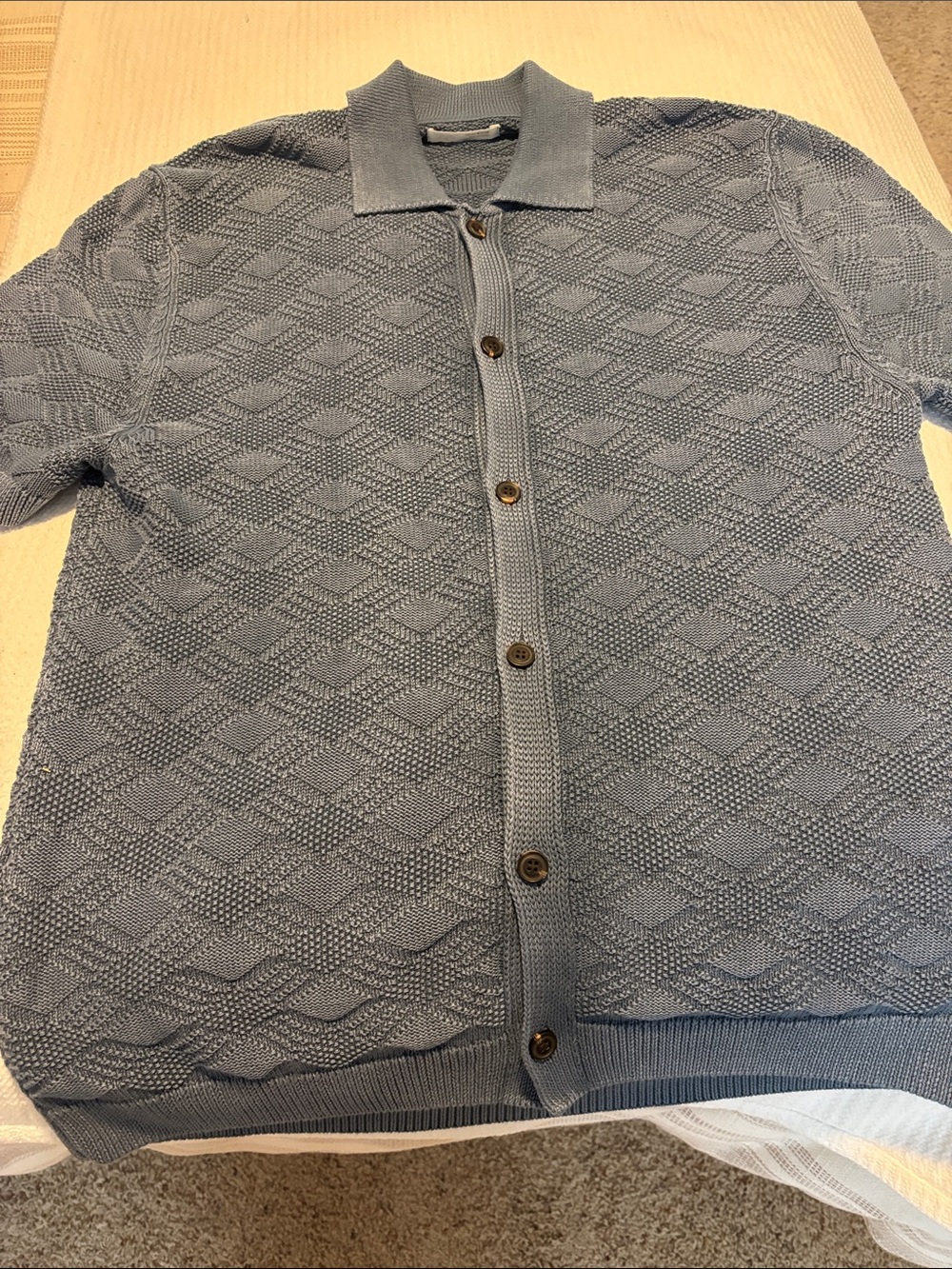 Zara Men's Light Blue Textured Knit Button-Down Cardigan